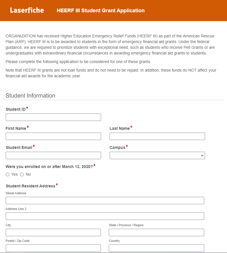 HEERF Student Aid Grant Application-Form