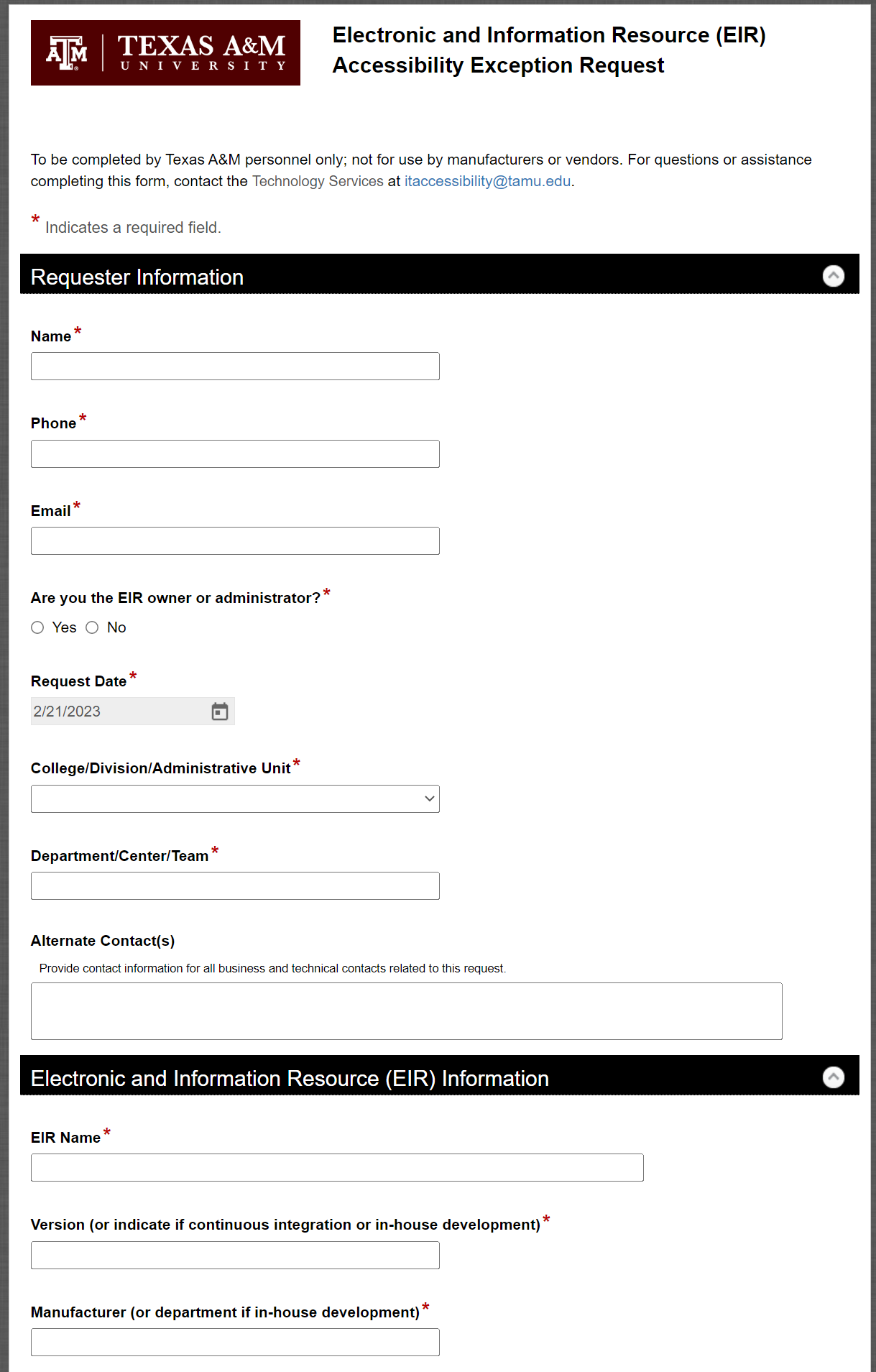 Electronic and Information Resource (EIR) Accessibility Exception Request Process-Form