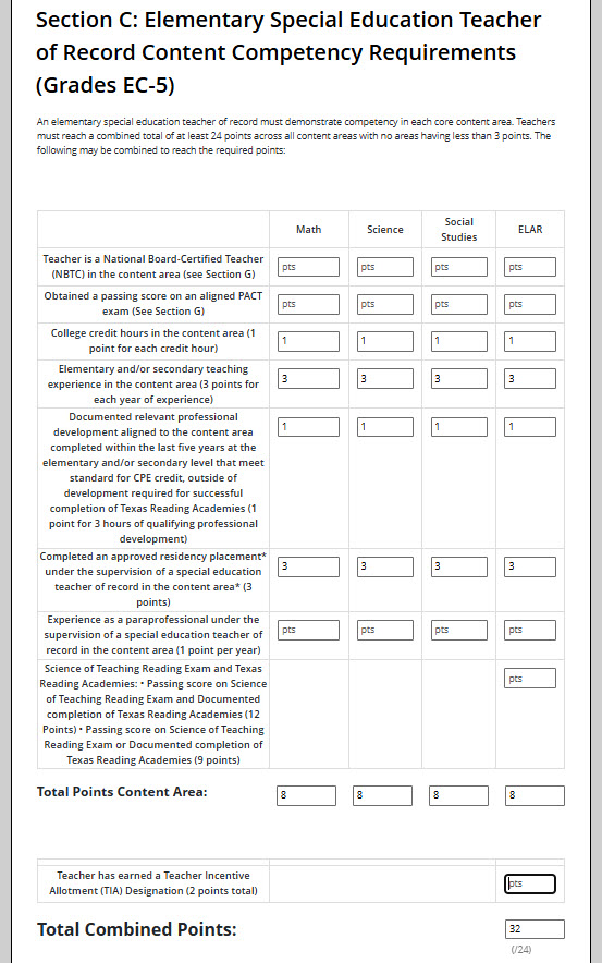 Texas SPED Competency Worksheet Form